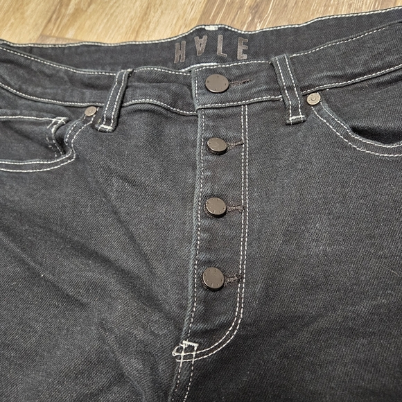 Hale Wide Leg Black Denim Jeans Button Fly White Stiching Women's 32 Grunge - Picture 4 of 12